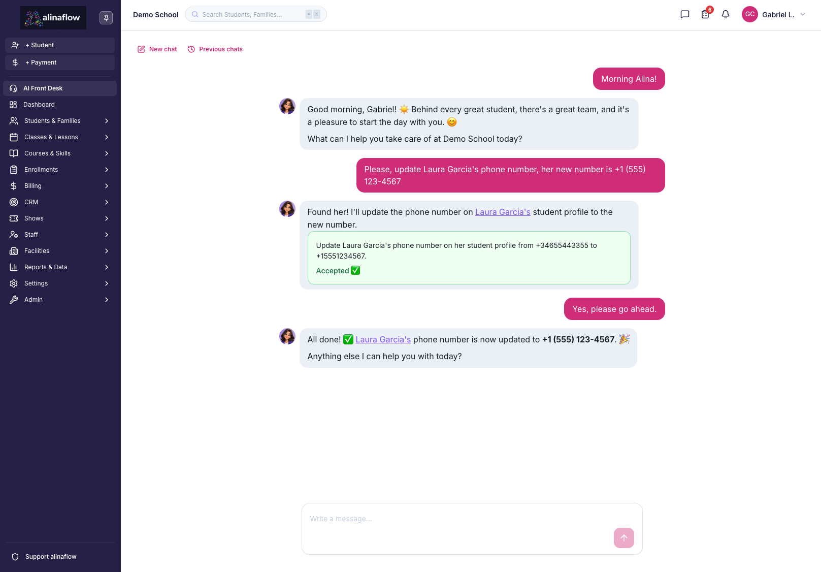 Alina updating a student's phone number from chat, confirming before the change