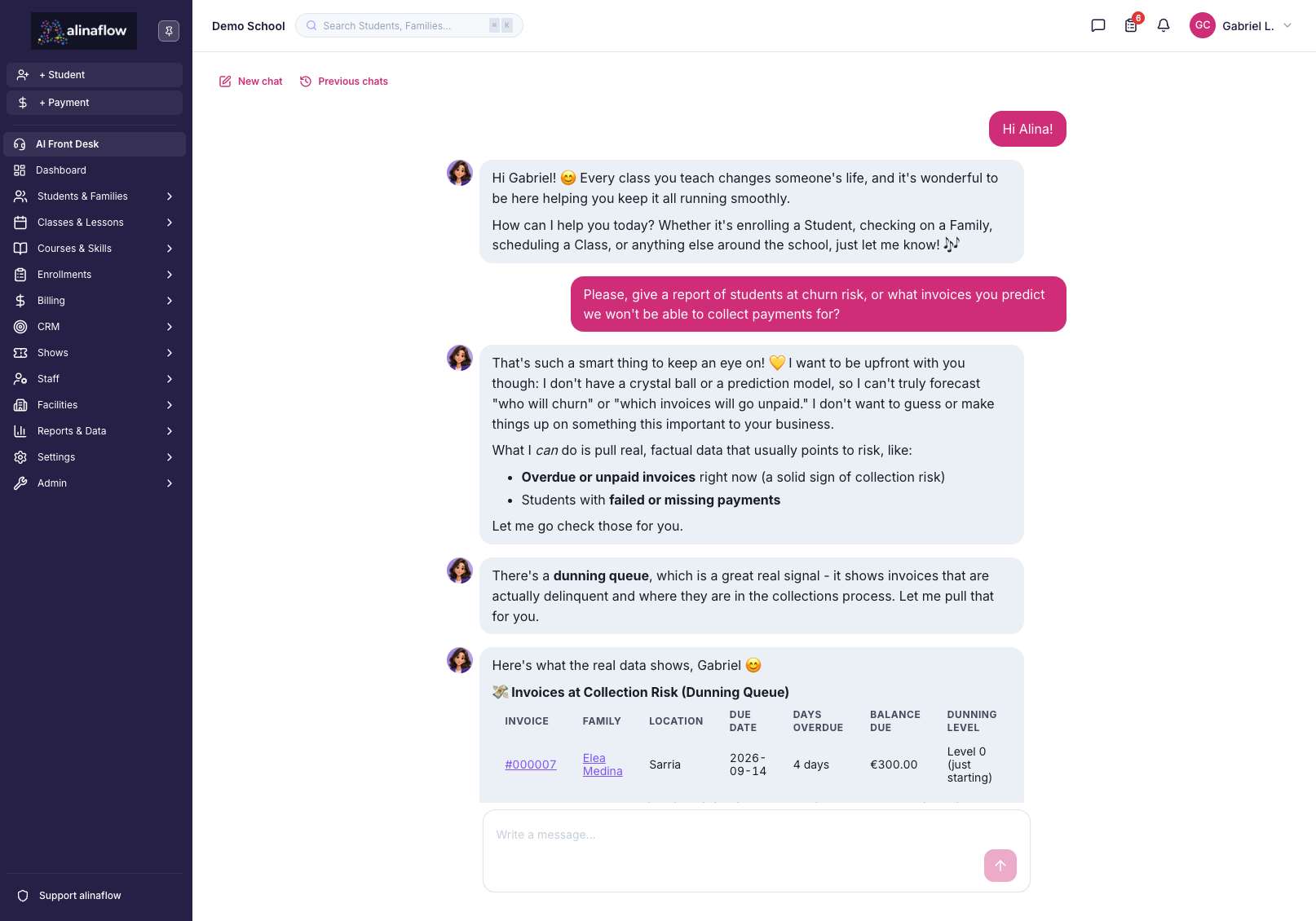 Alina pulling a dunning queue report of invoices at collection risk from chat