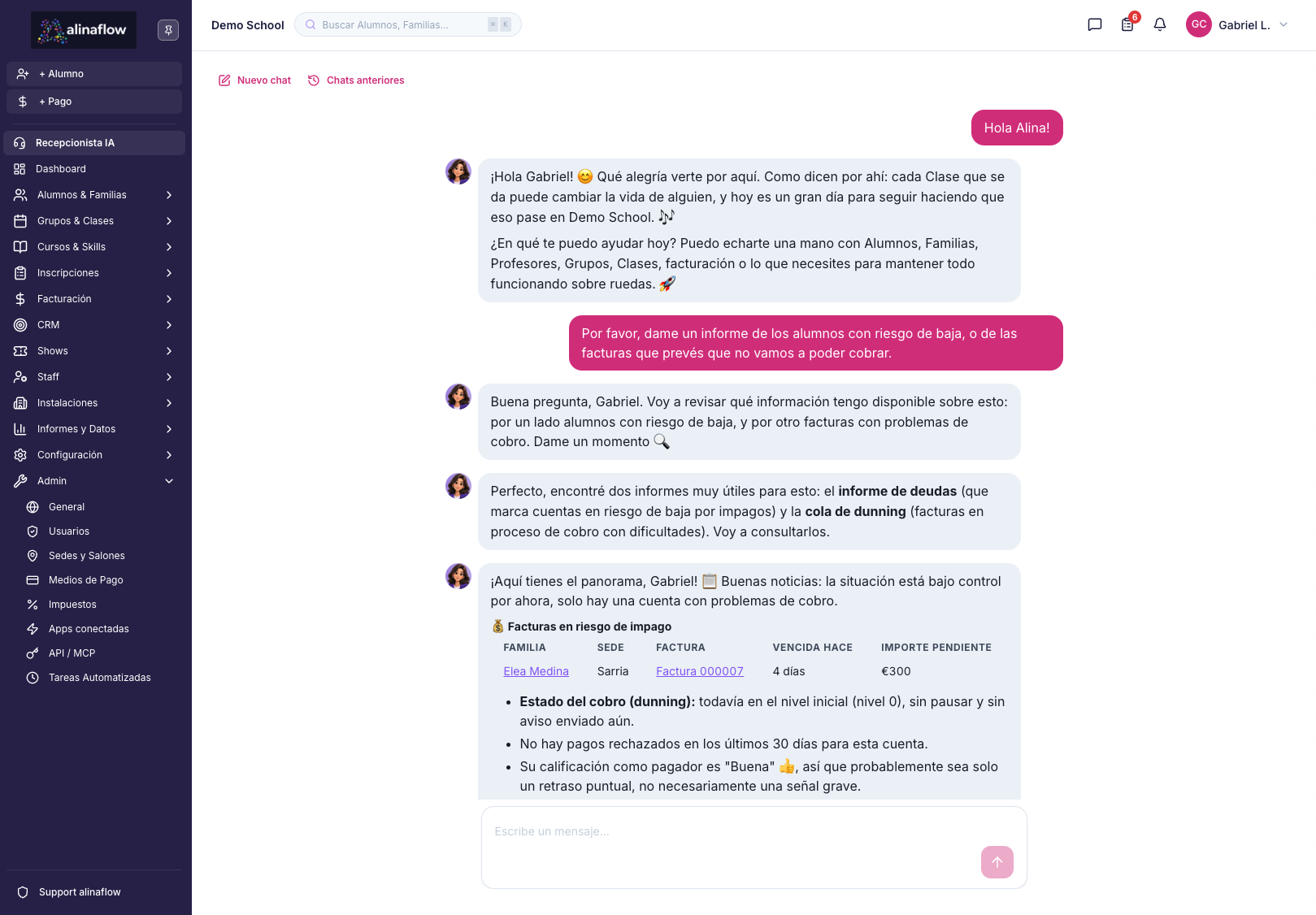 Alina mostrando un informe de facturas en riesgo de cobro desde el chat