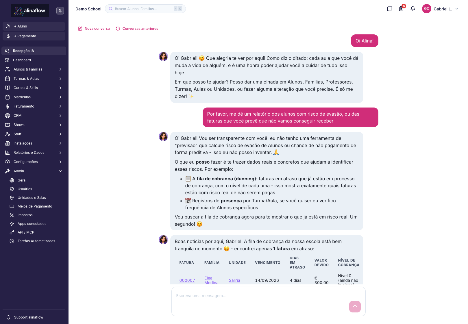 Alina mostrando um relatório de faturas em risco de cobrança pelo chat