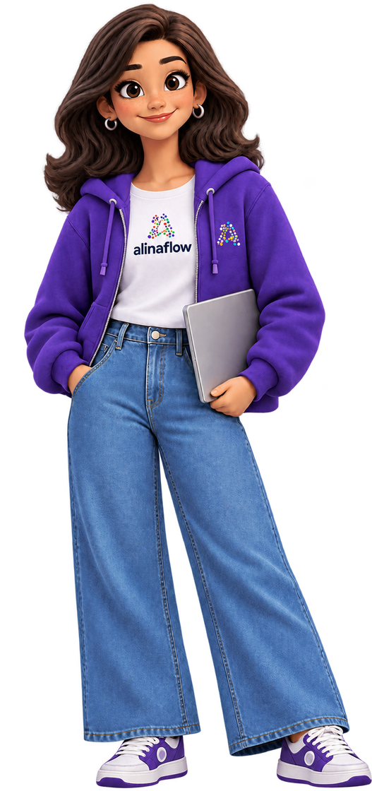 Alina standing, presenting the alinaflow AI front desk chat