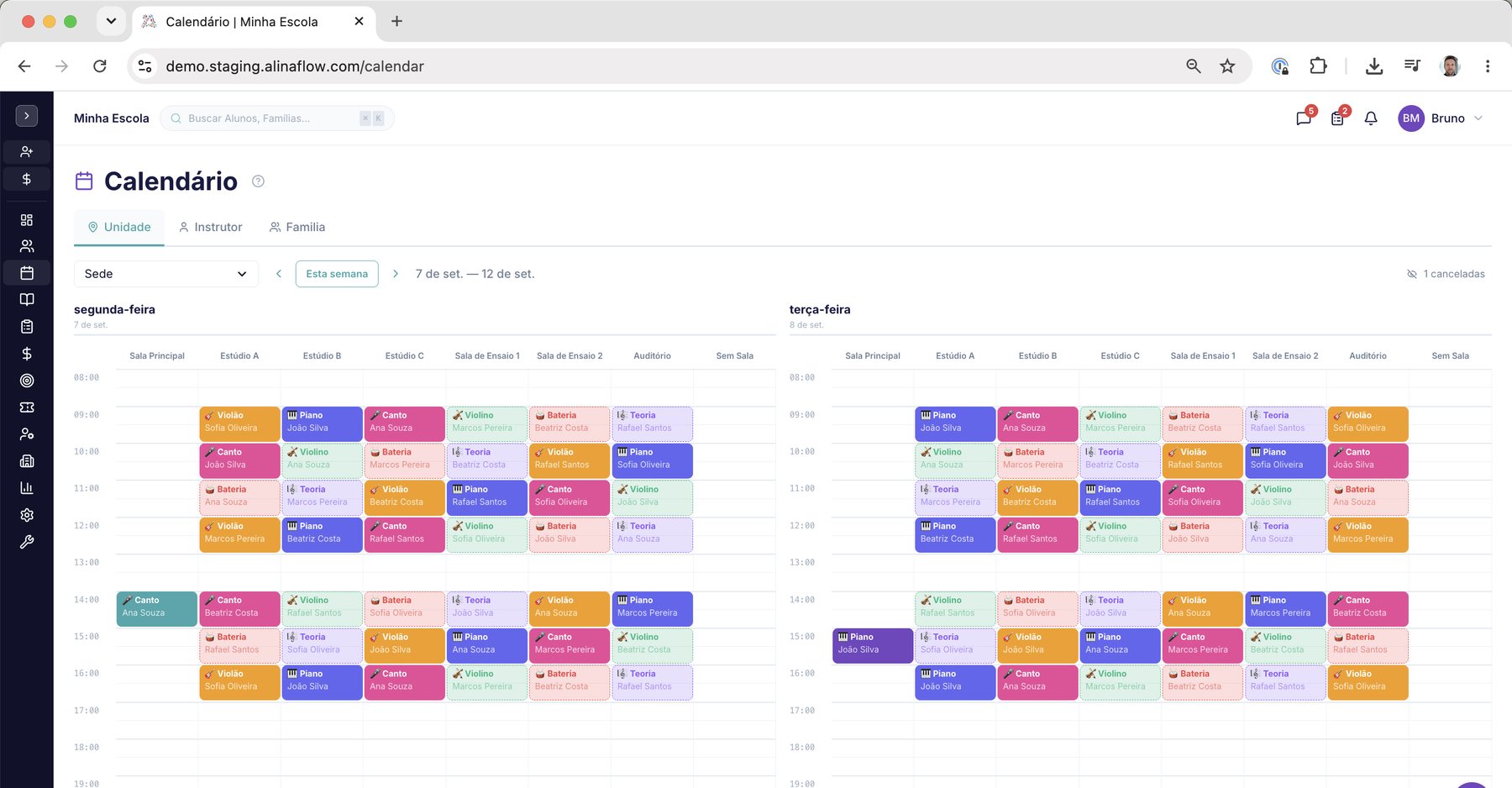 Calendário semanal de aulas