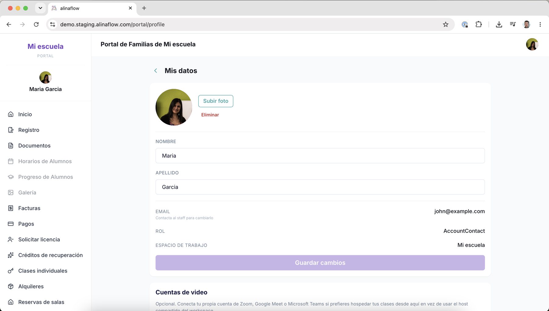 Página de perfil del portal de familias