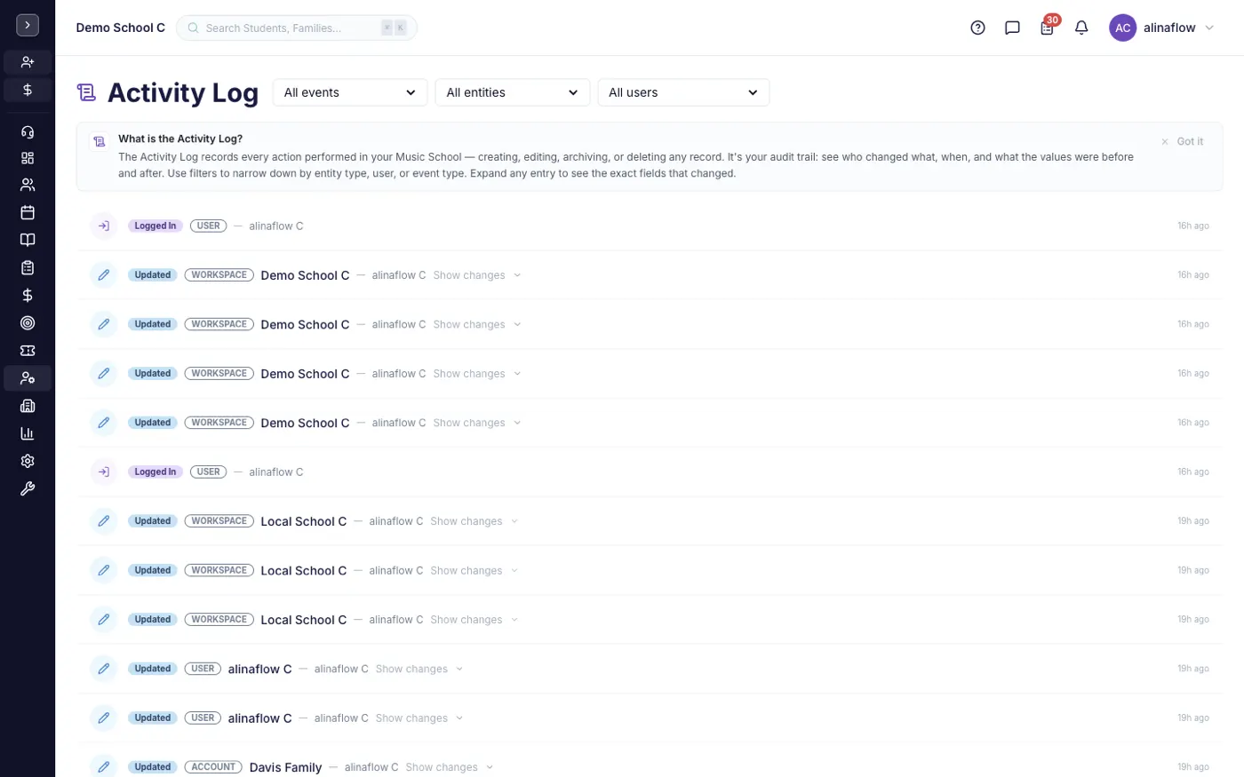 The Activity Log screen in alinaflow