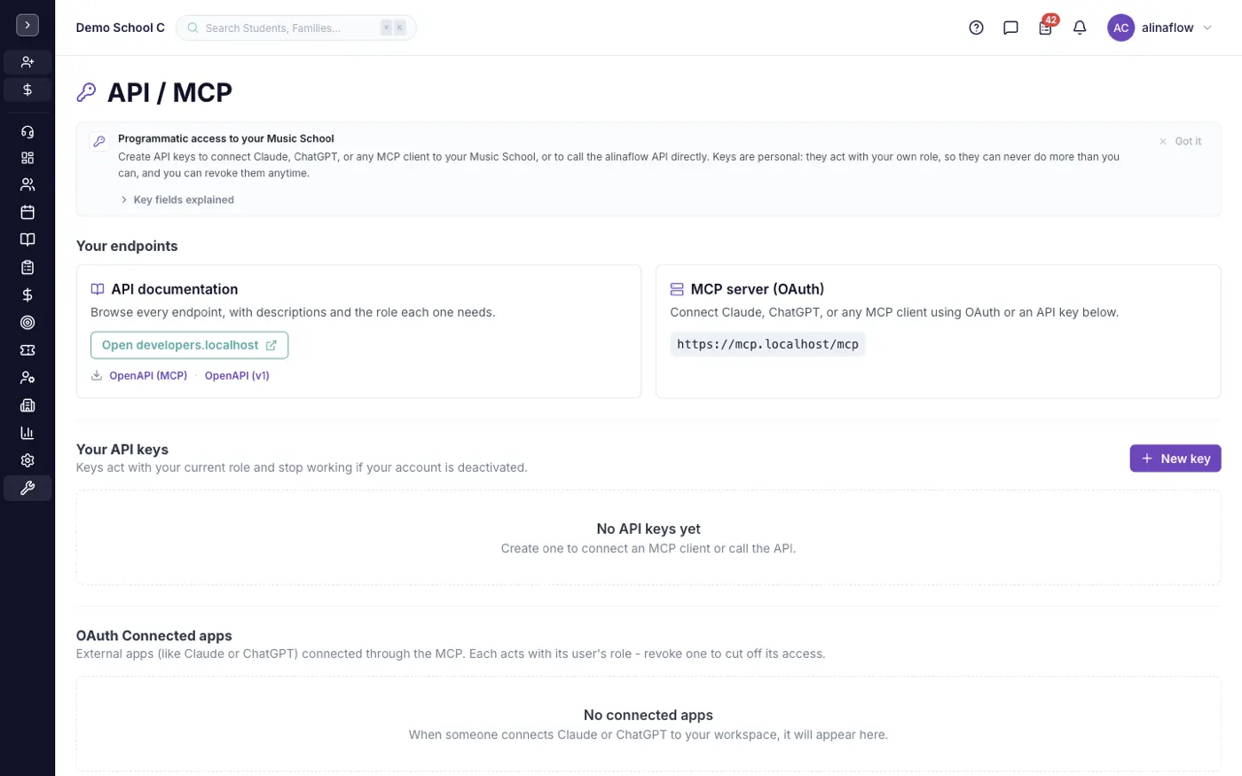 The API / MCP screen in alinaflow
