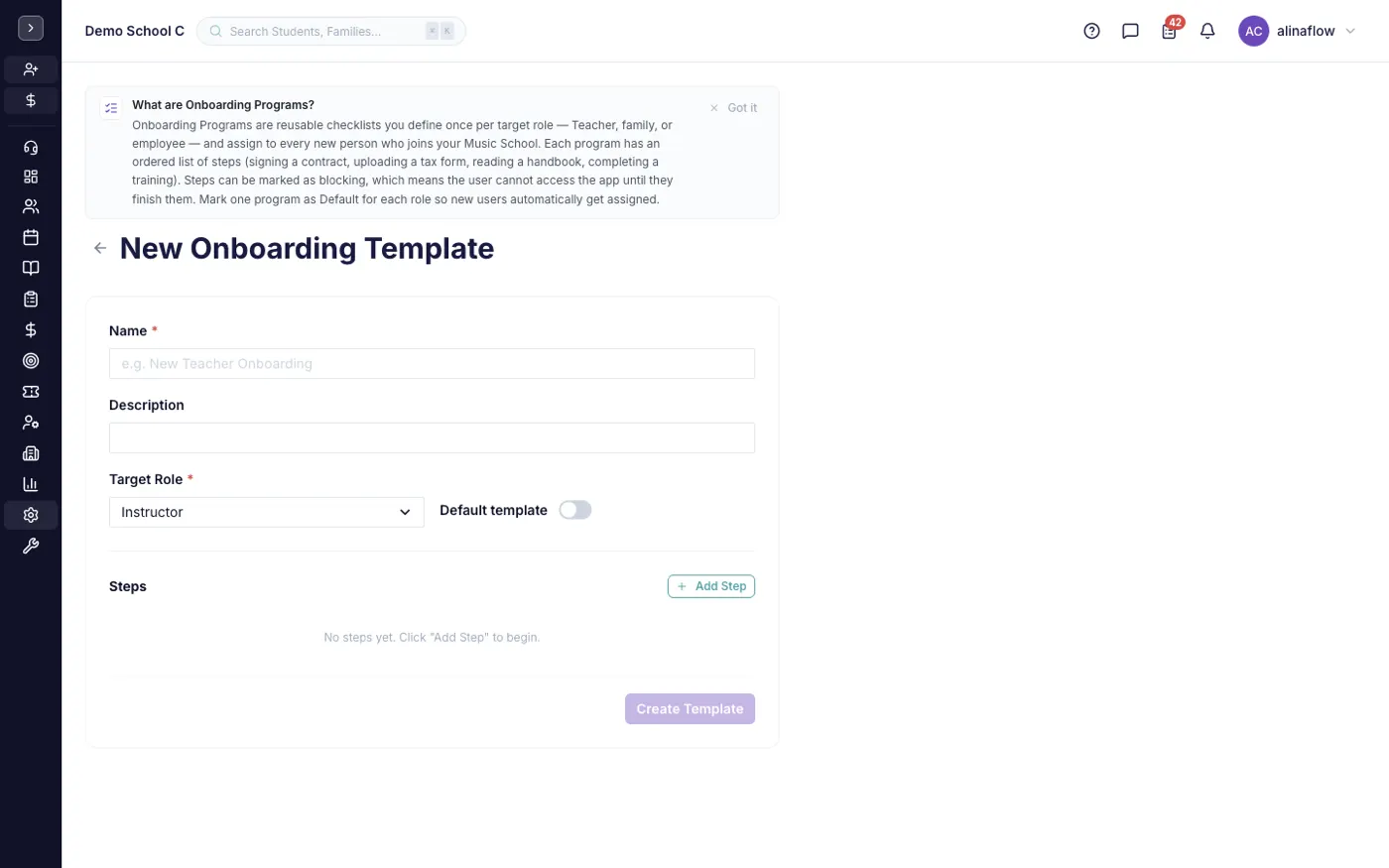The new onboarding template form