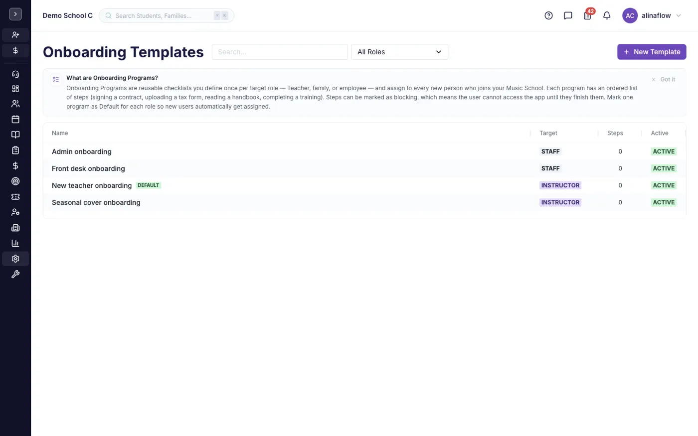 The Onboarding Templates screen in alinaflow