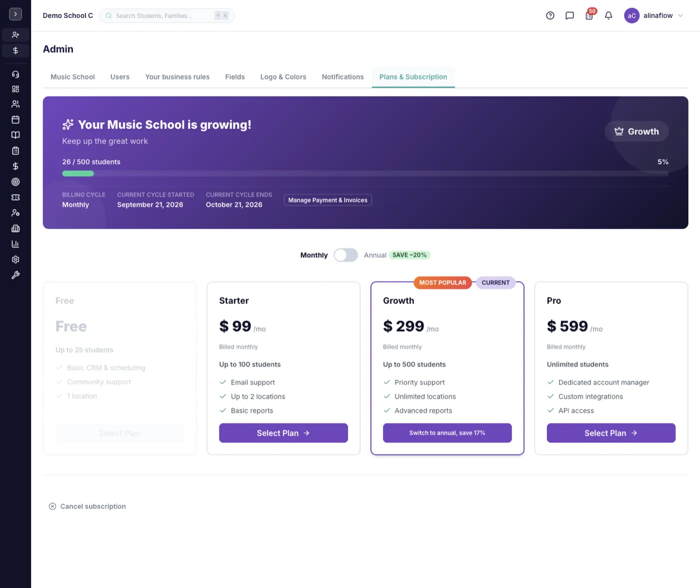 The Plans & Subscription screen in alinaflow