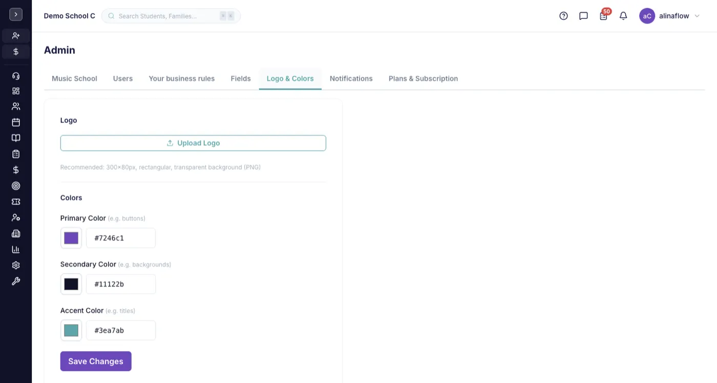 The Logo & Colors screen in alinaflow