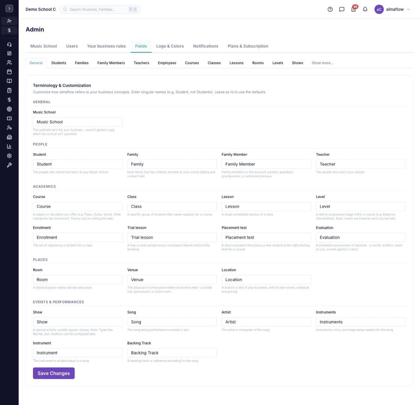 The Fields & terminology screen in alinaflow