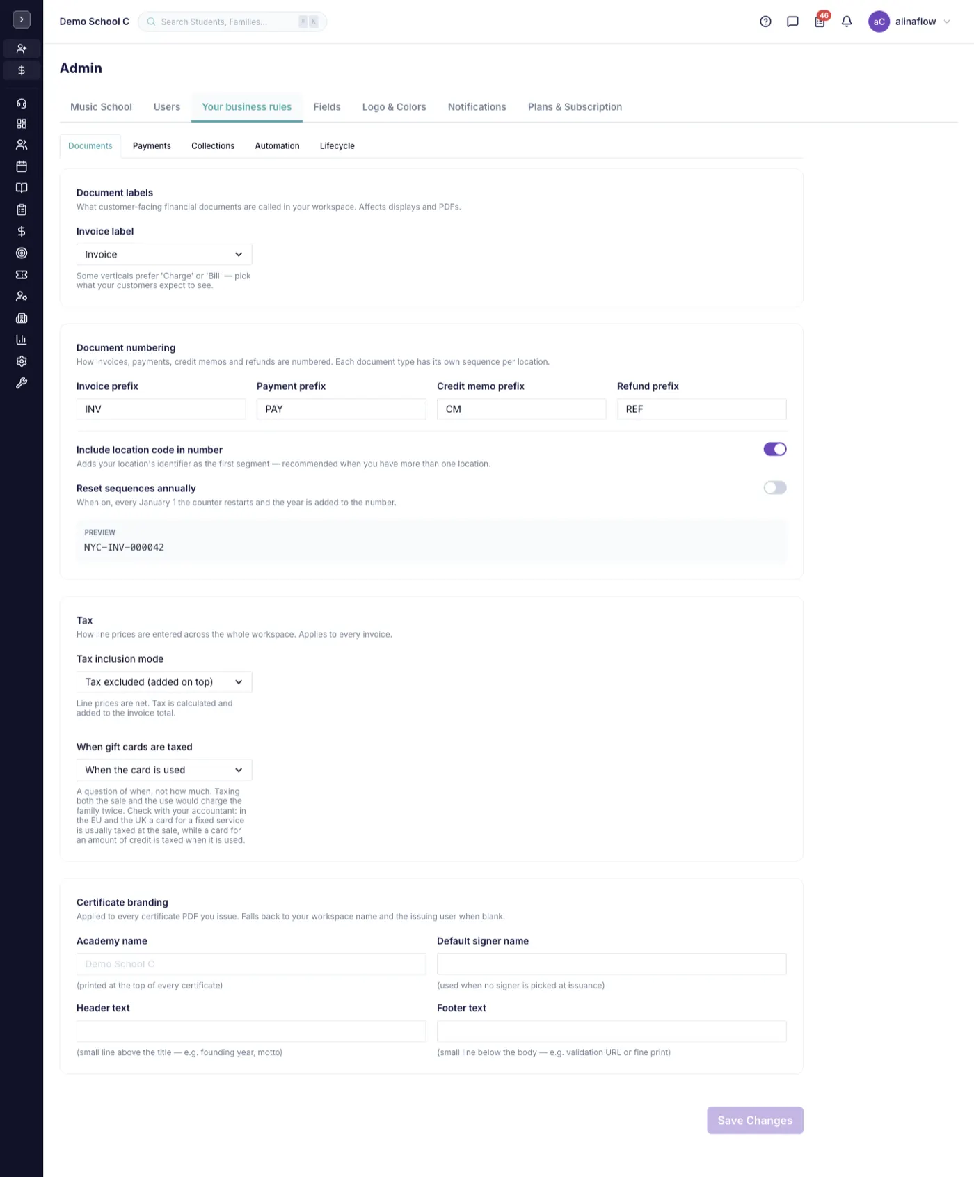 The Your business rules screen in alinaflow