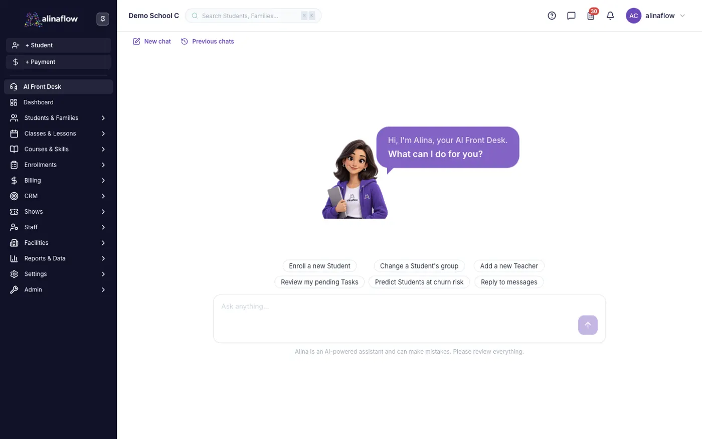 The AI Front Desk screen in alinaflow