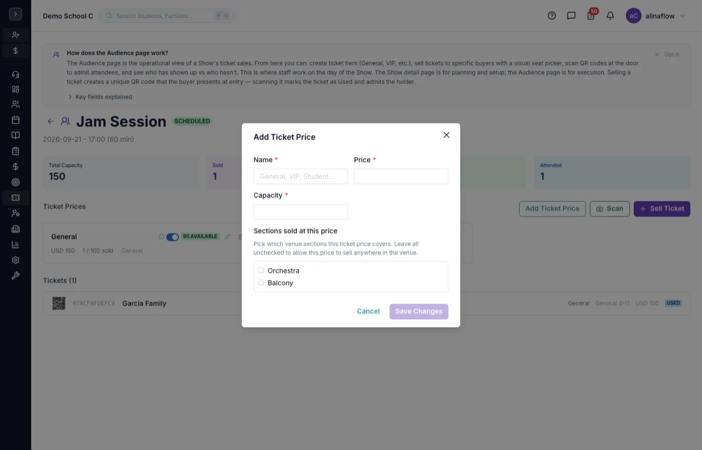 Add Ticket Price tab