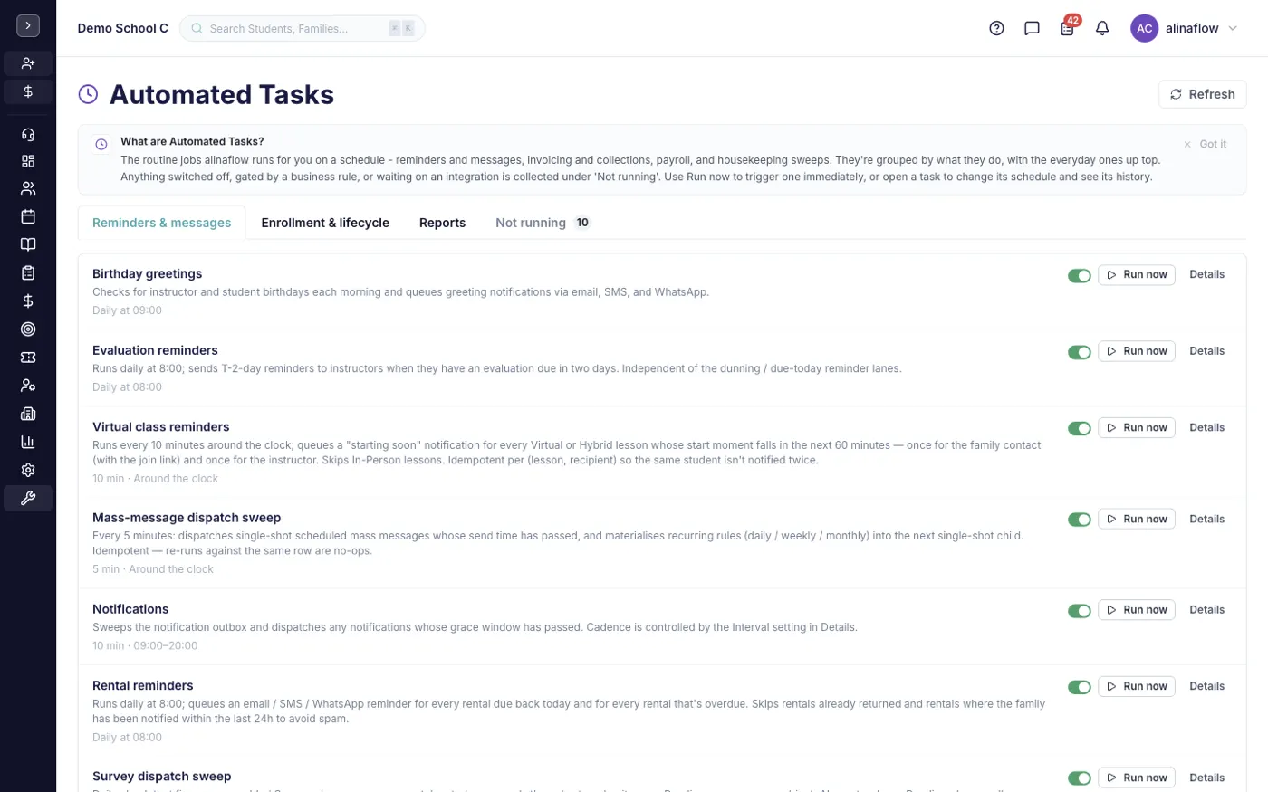 The Automated Tasks screen in alinaflow