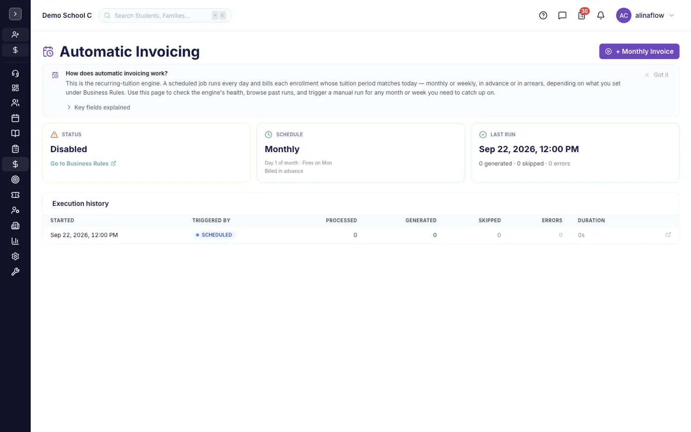 The Automatic Invoicing screen in alinaflow