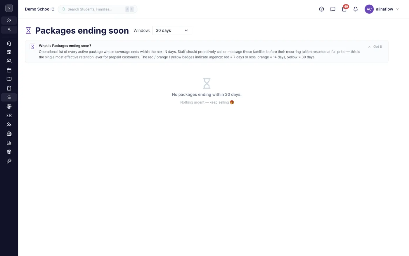 The Packages ending soon screen in alinaflow