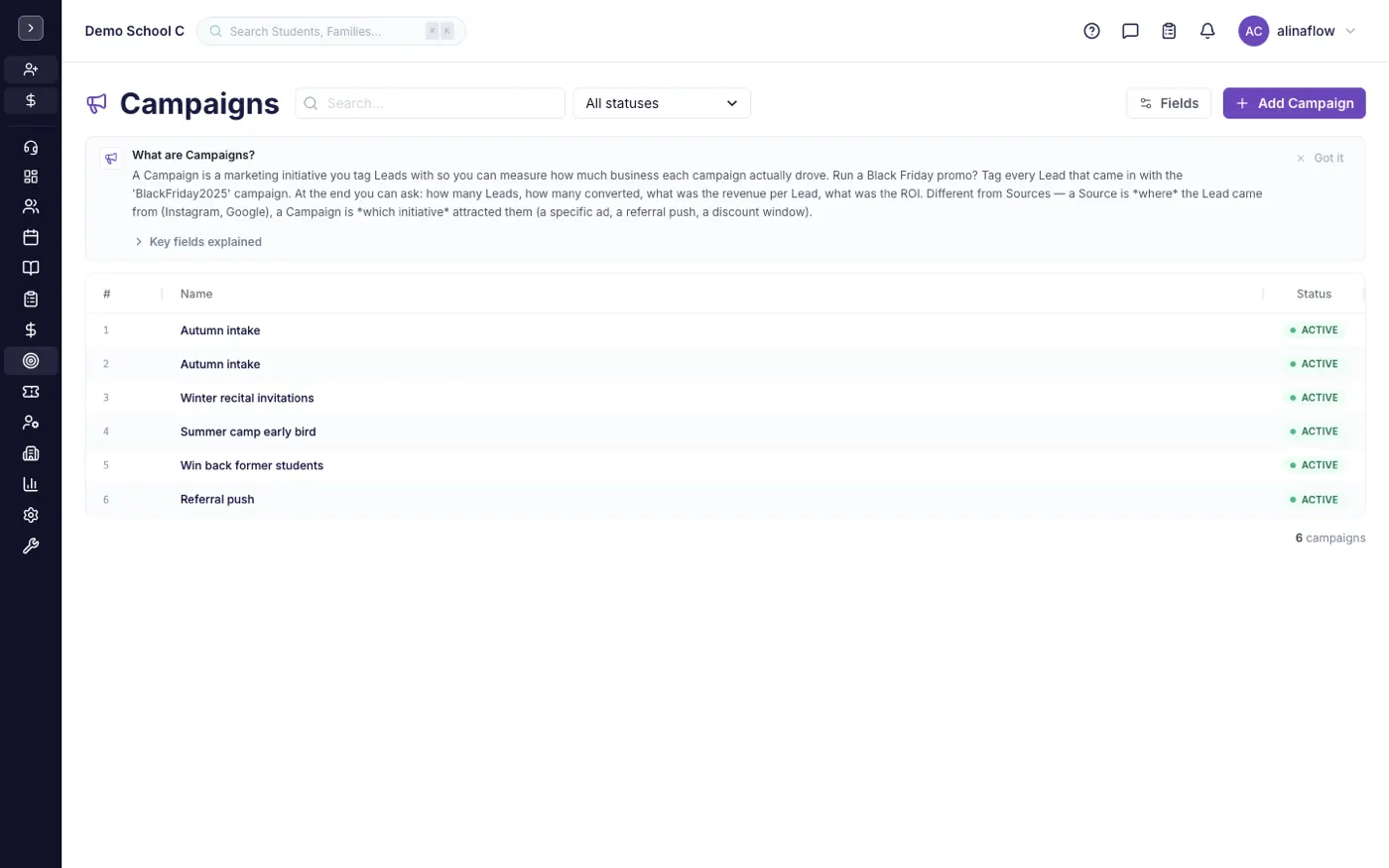 The Campaigns screen in alinaflow