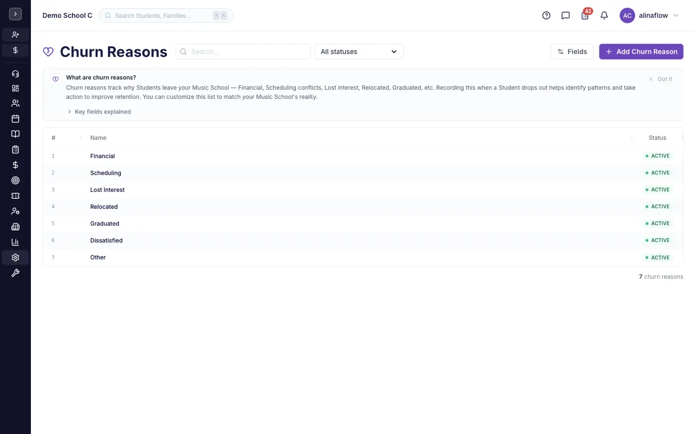 The Churn Reasons screen in alinaflow