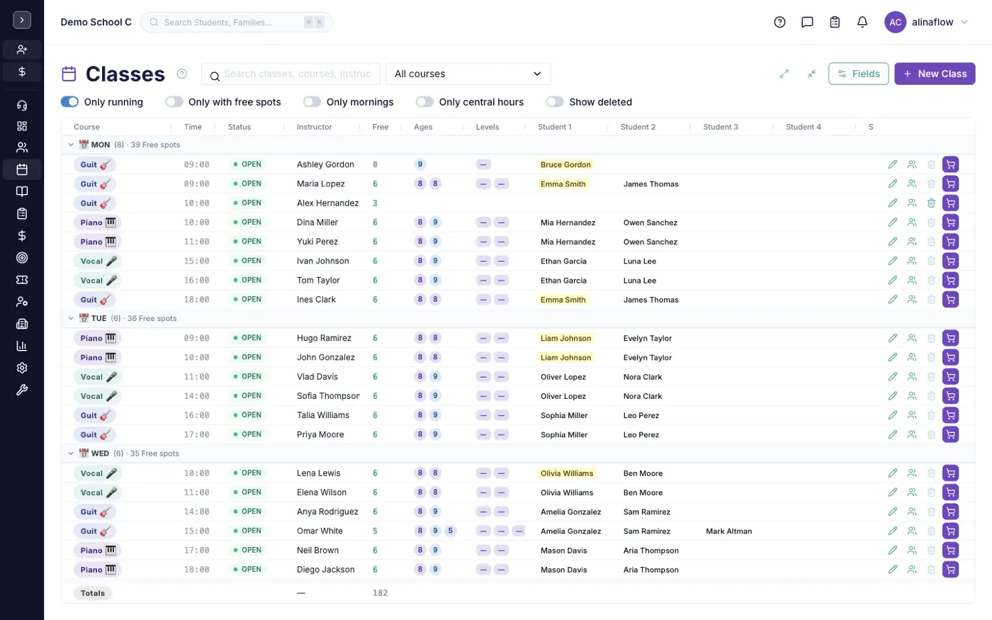 The Classes screen in alinaflow