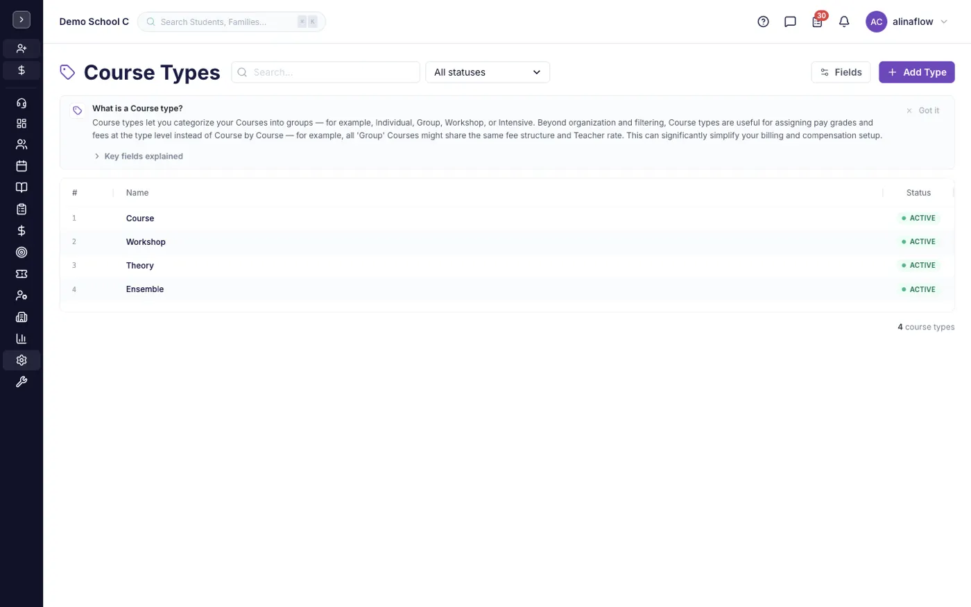 The Course types screen in alinaflow