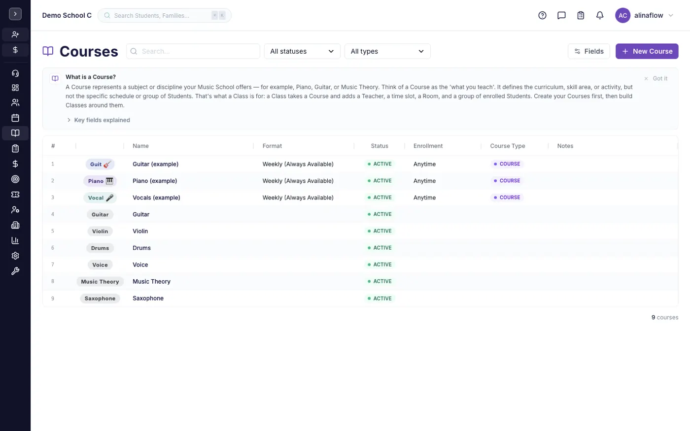 The Courses screen in alinaflow