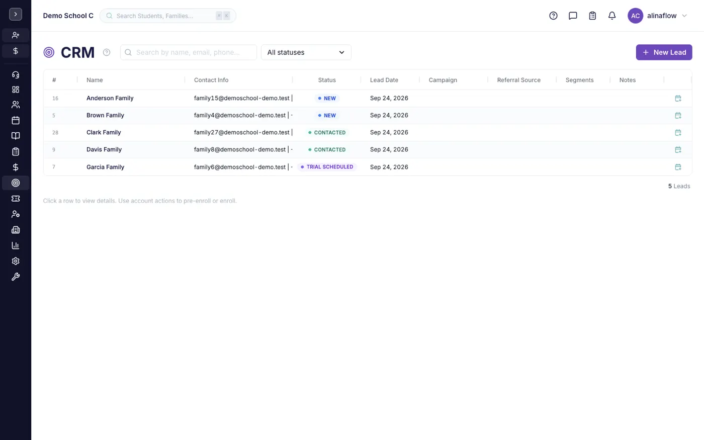 The Leads screen in alinaflow