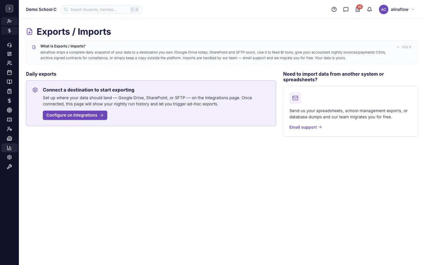 The Exports / Imports screen in alinaflow