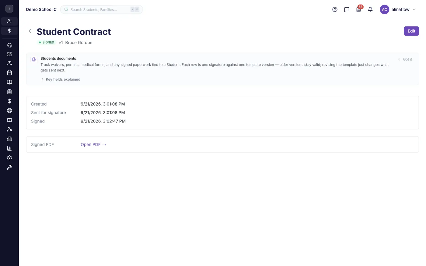 The Document signatures screen in alinaflow