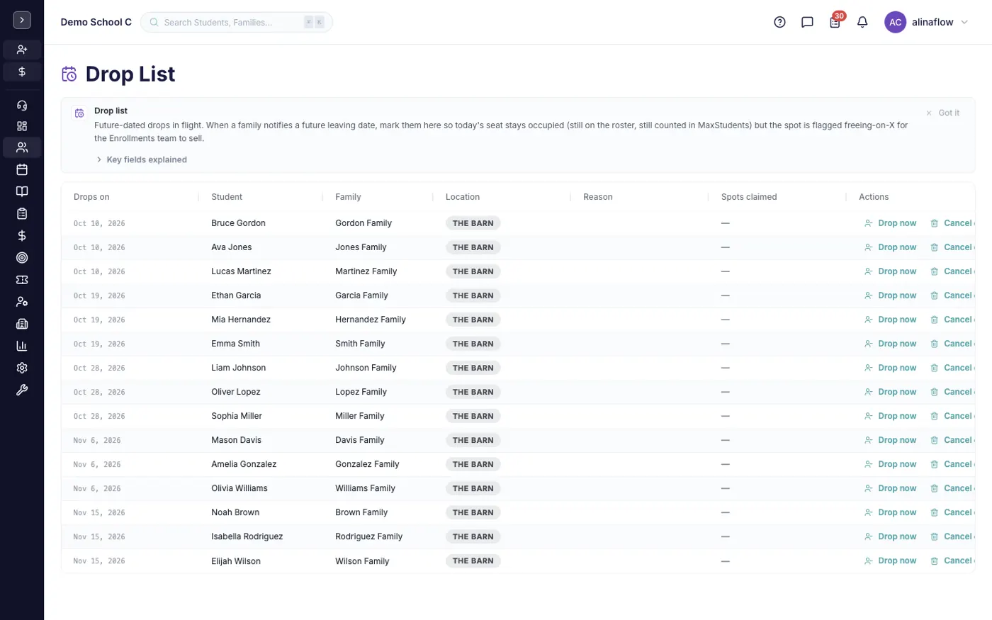The Drop List screen in alinaflow