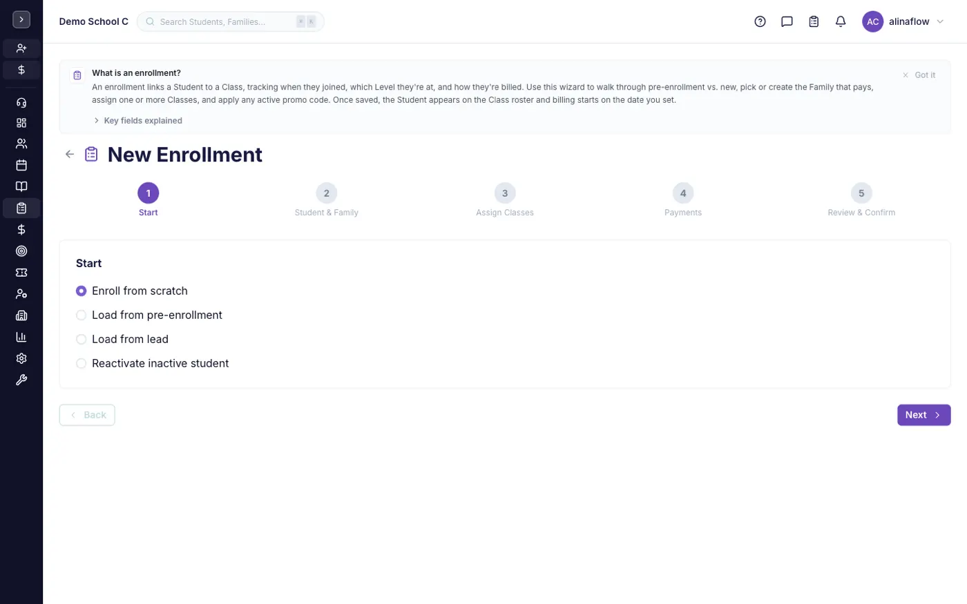 The Enrollments screen in alinaflow