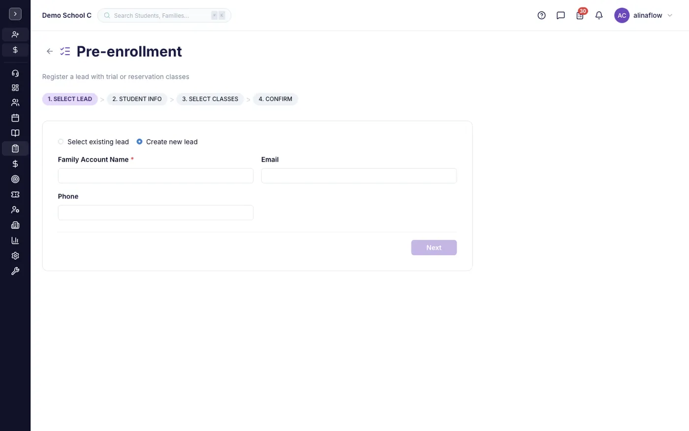 The Pre-enrollments screen in alinaflow