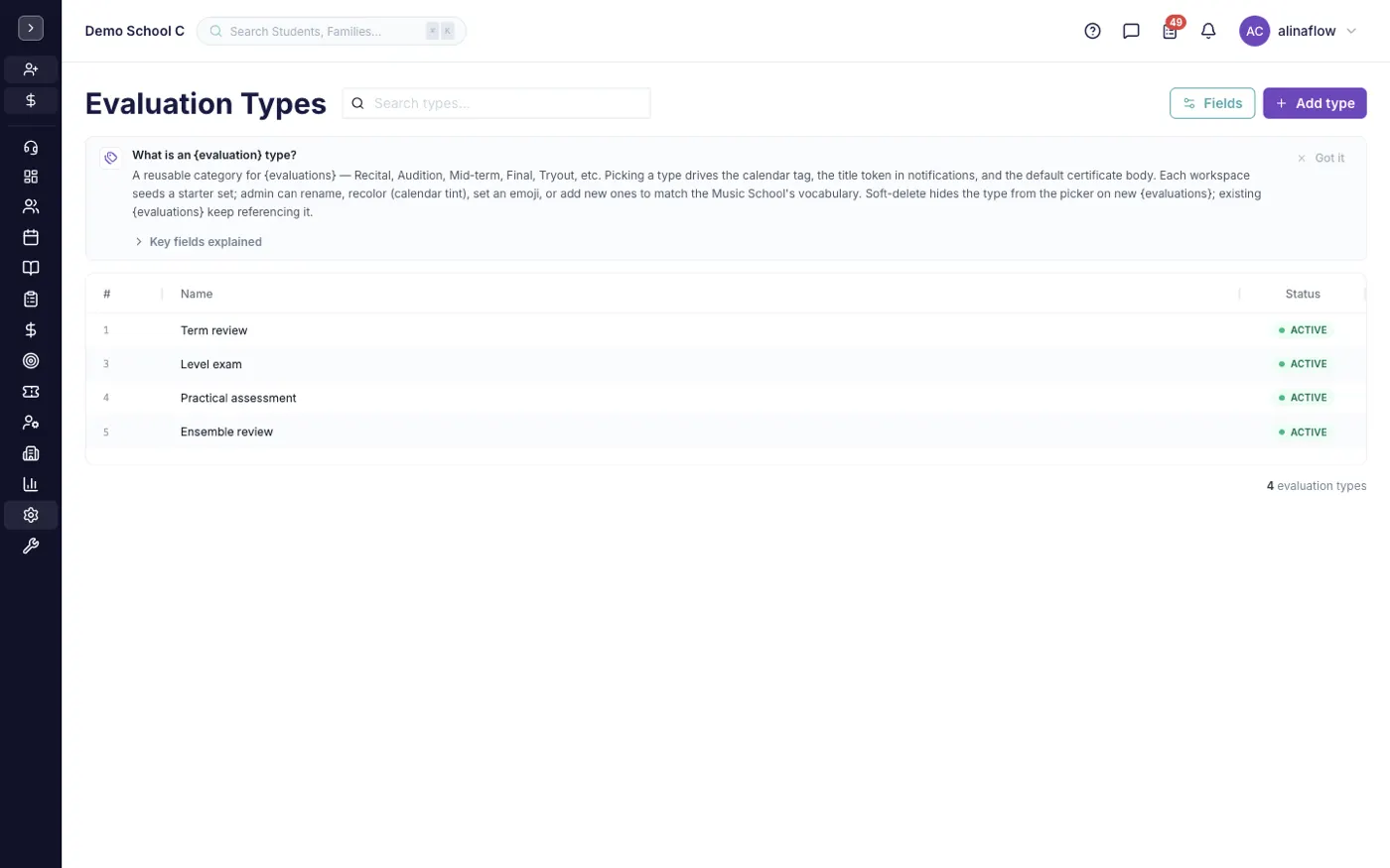 The Evaluation types screen in alinaflow