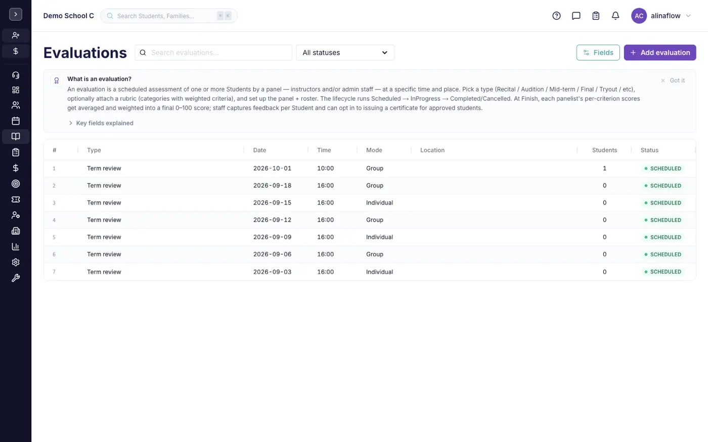 The Evaluations screen in alinaflow