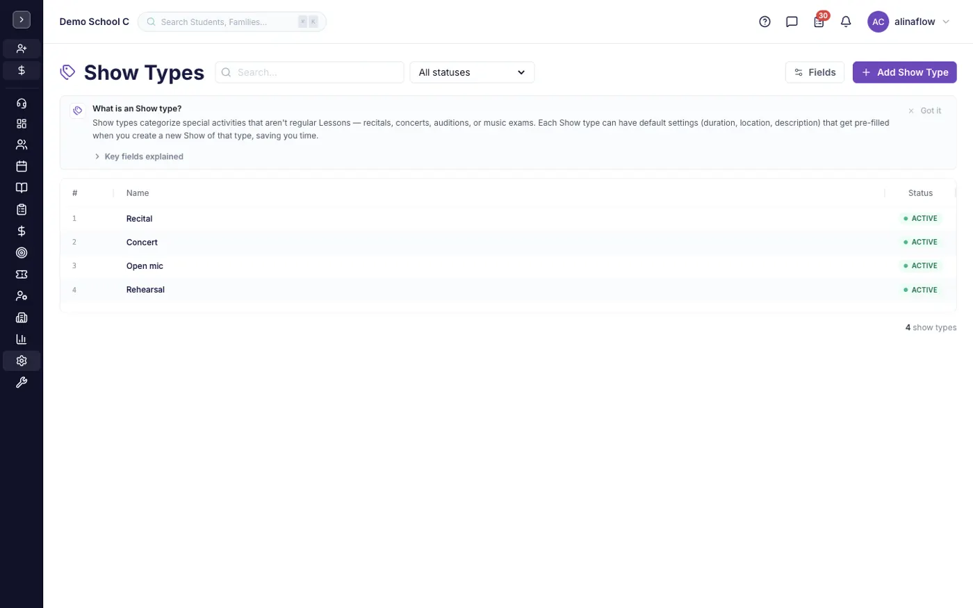 The Show types screen in alinaflow