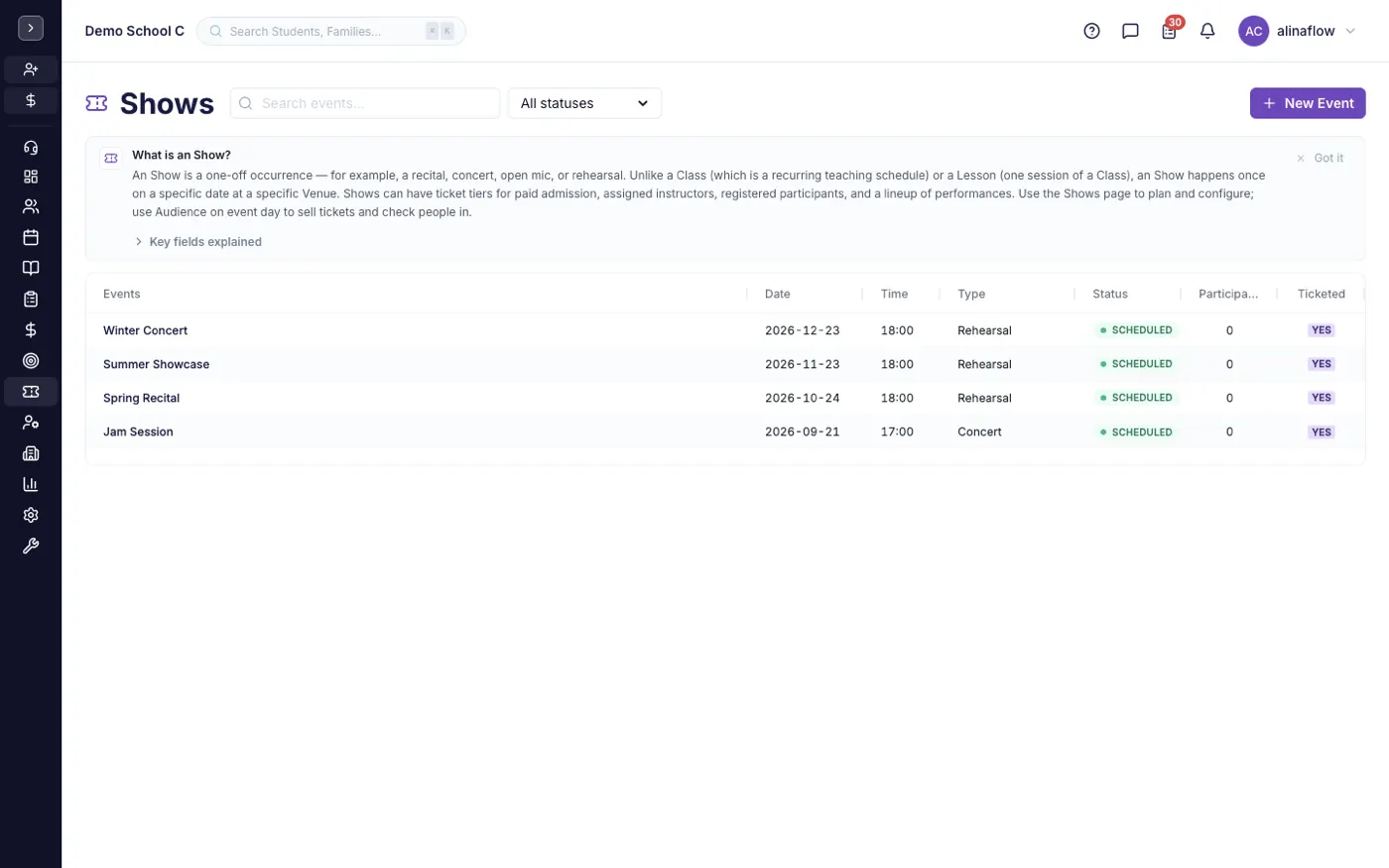 The Shows screen in alinaflow