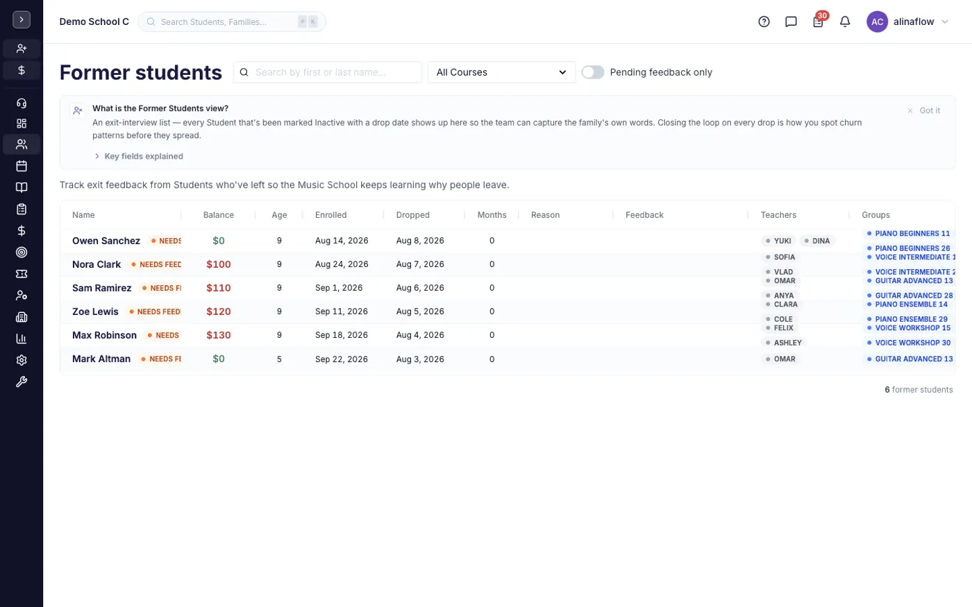The Former students screen in alinaflow