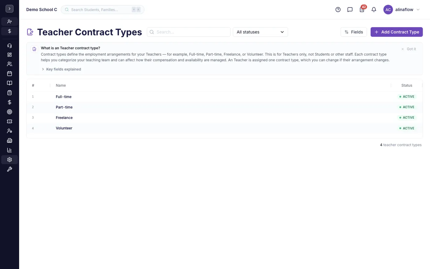 The Contract Types screen in alinaflow