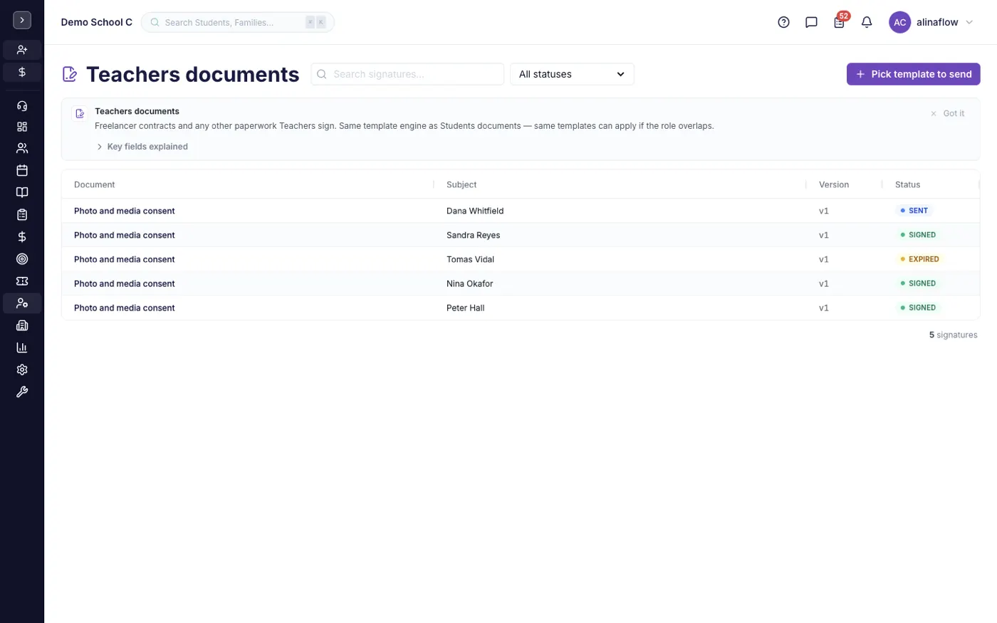 The Teacher documents screen in alinaflow