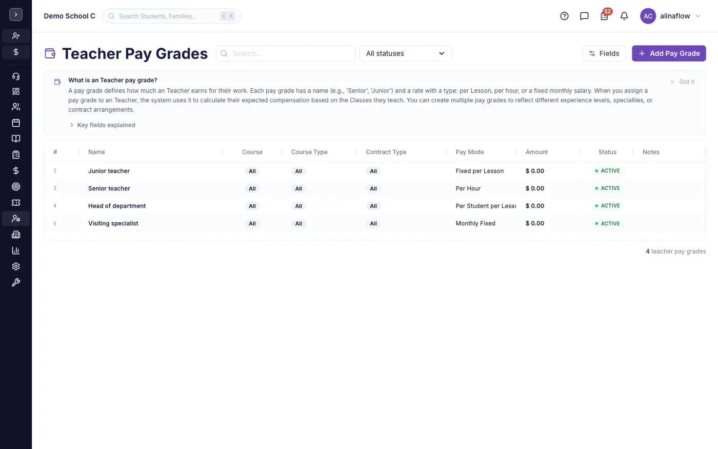 The Teacher pay grades screen in alinaflow