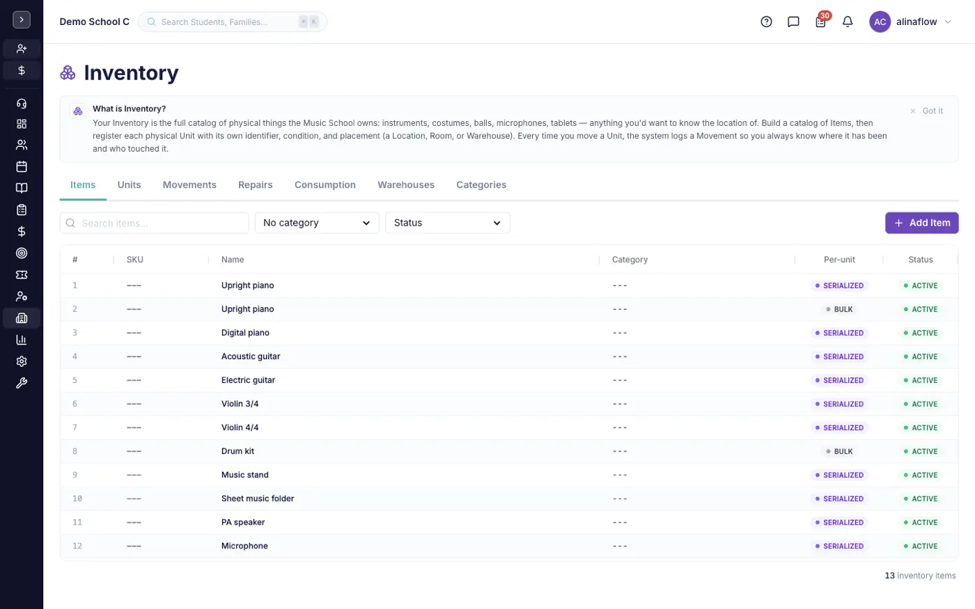 The Inventory screen in alinaflow
