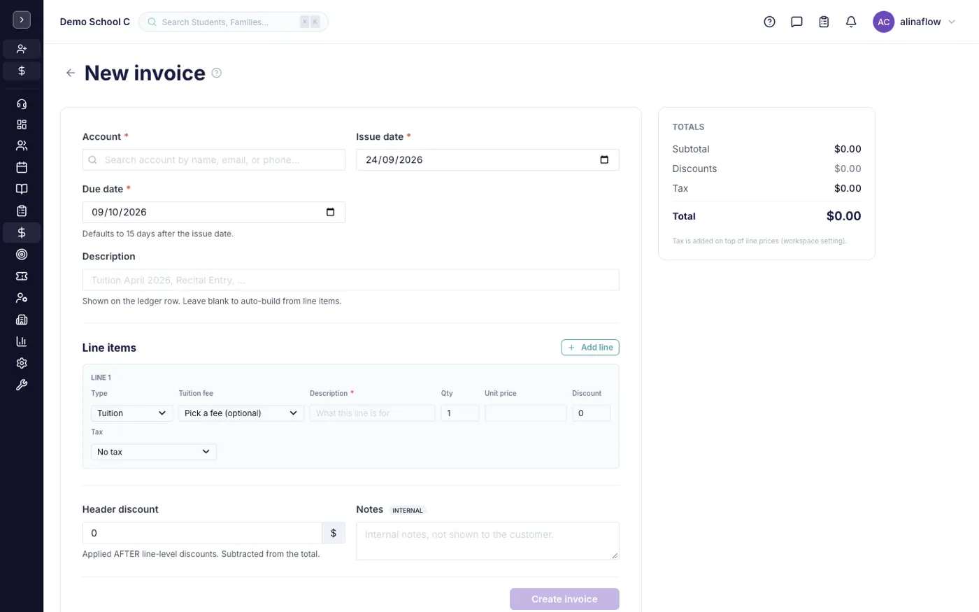 The new invoice form