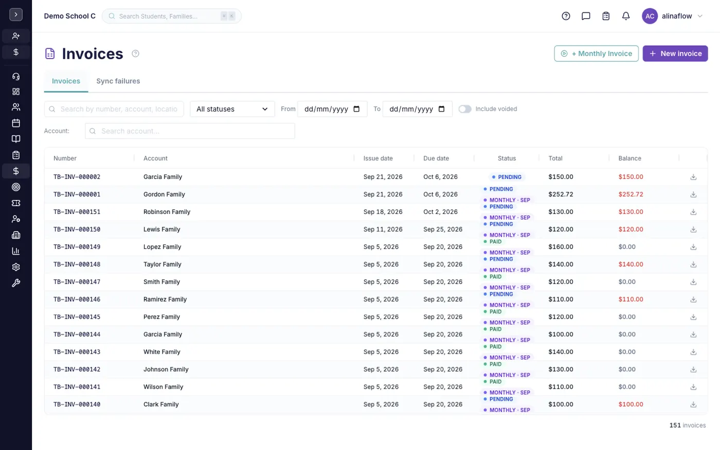 The Invoices screen in alinaflow