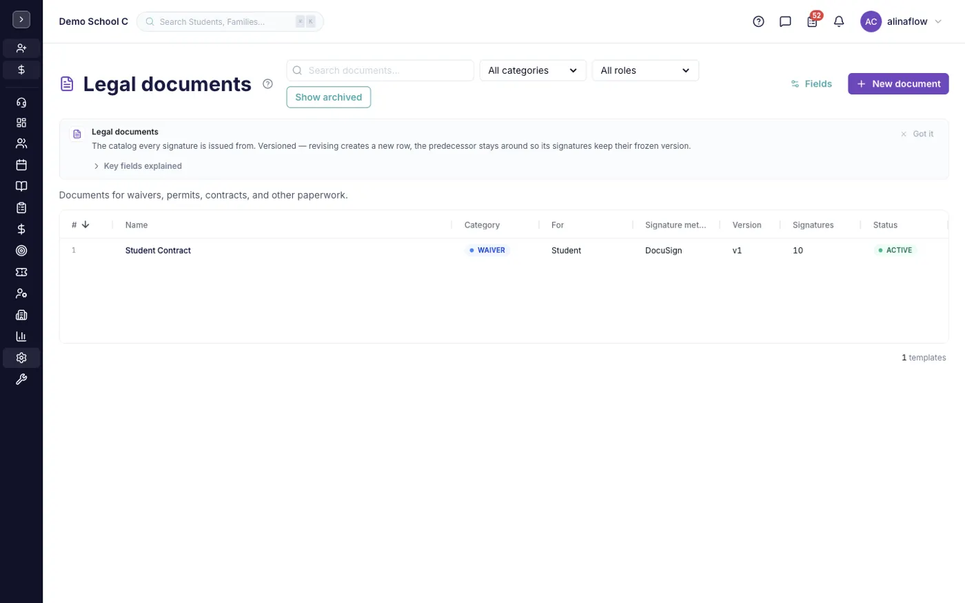 The Legal Documents screen in alinaflow