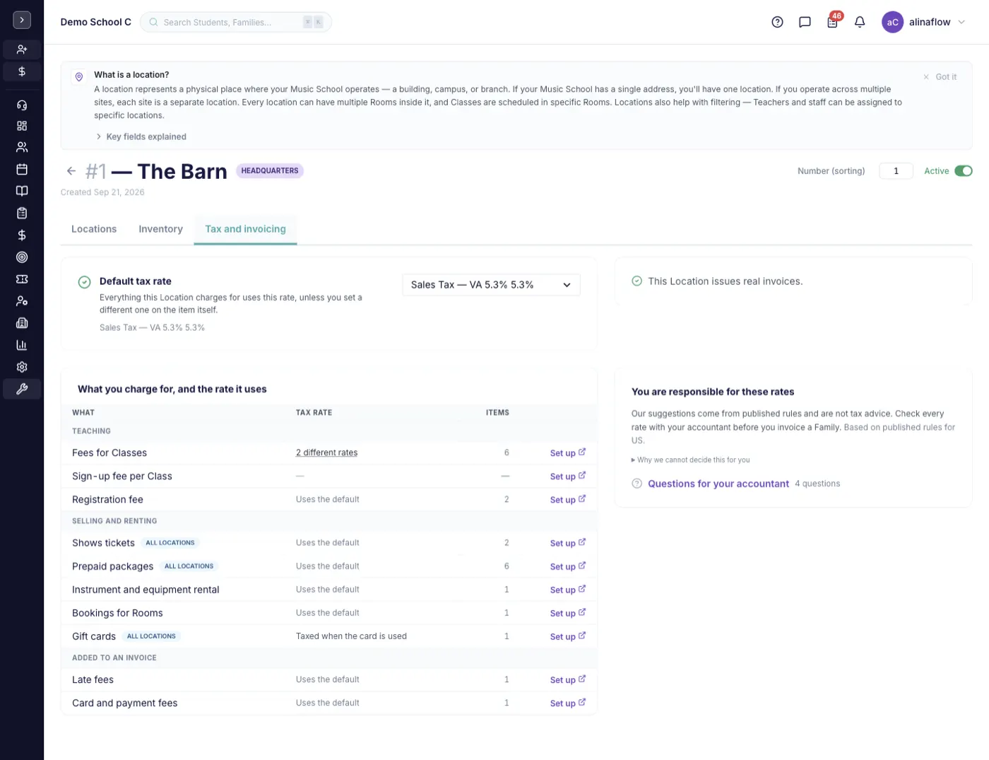 Tax and invoicing tab