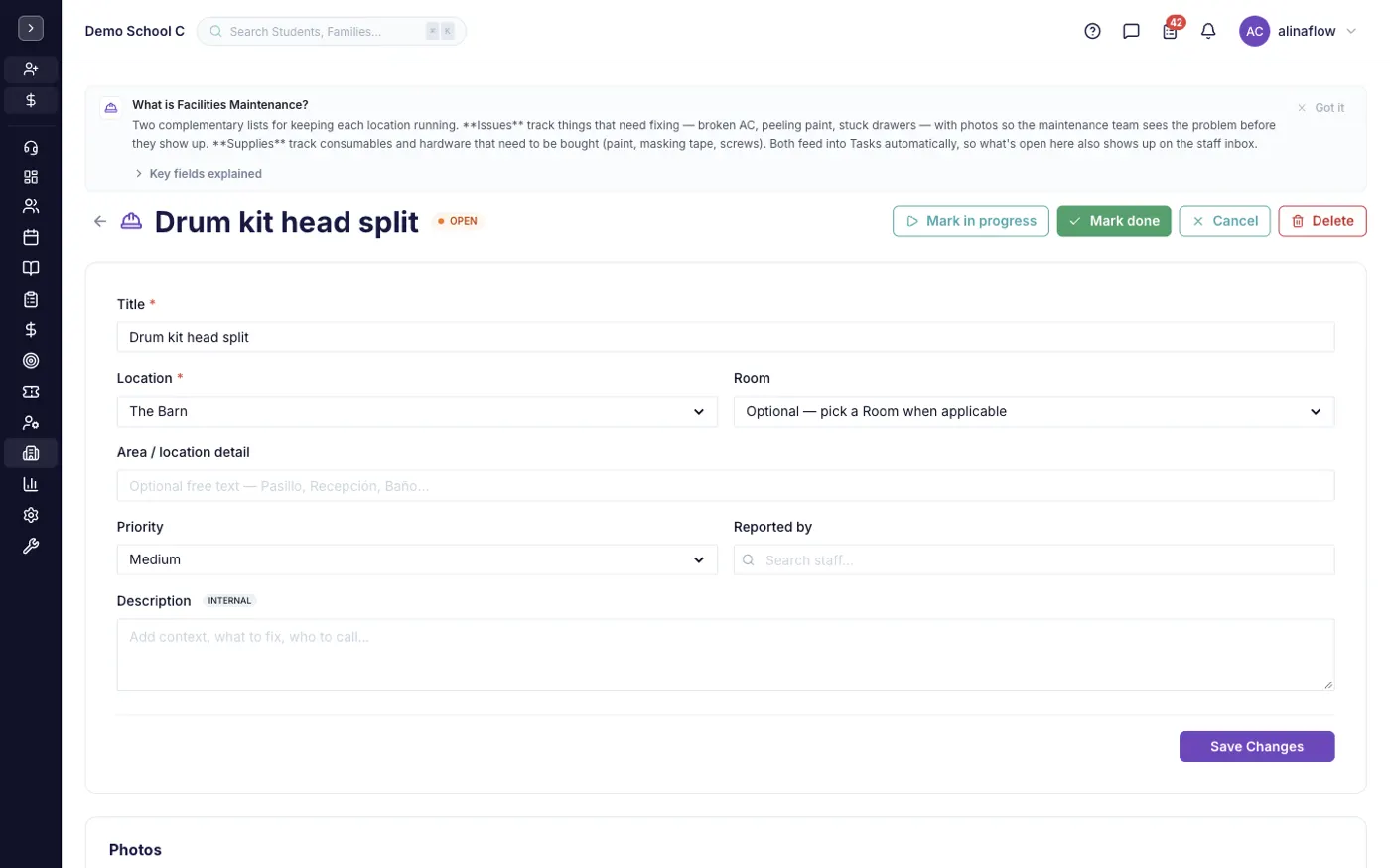 A maintenance issue record