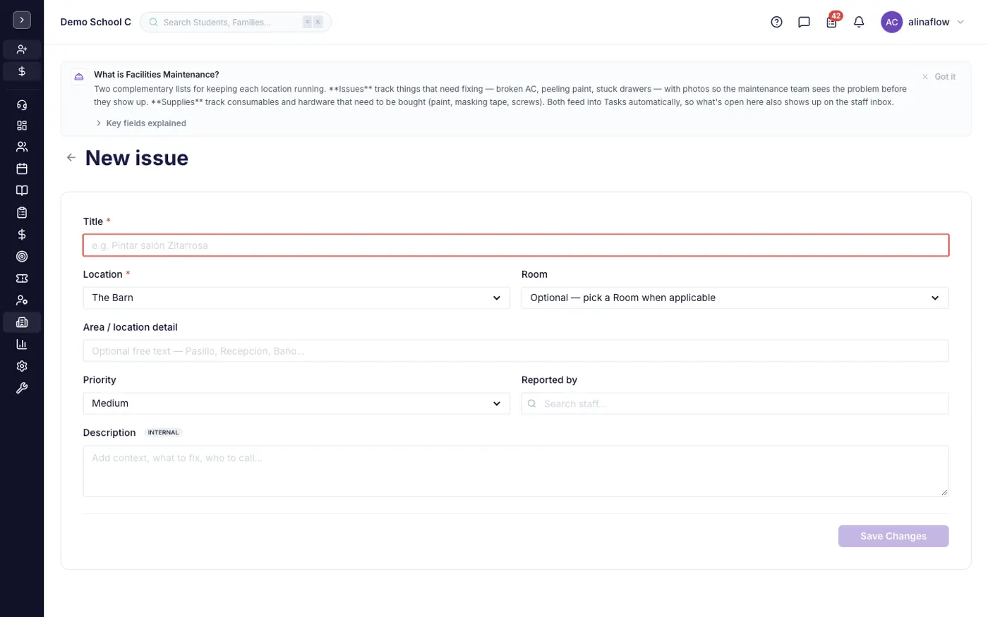 The new maintenance issue form