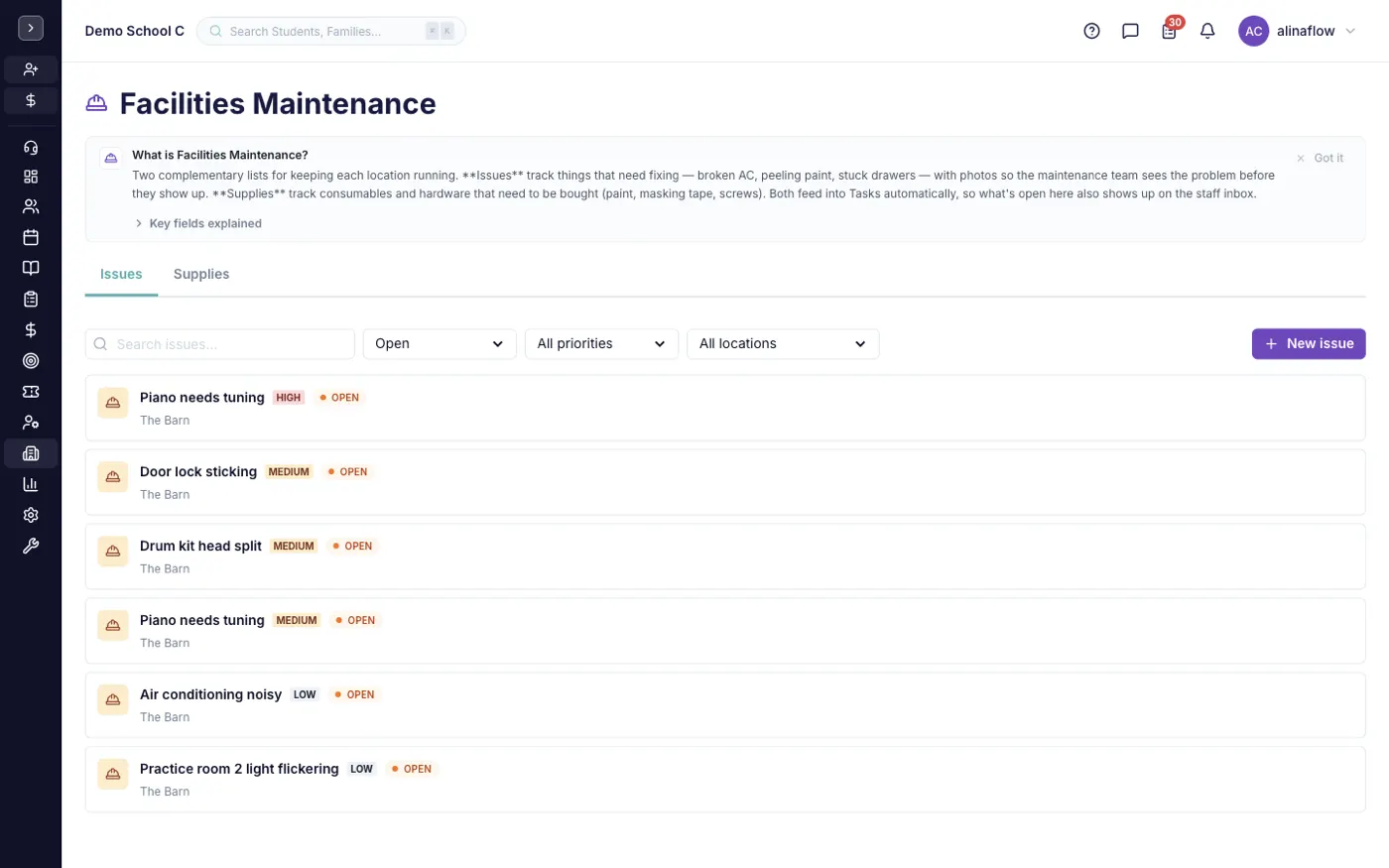 The Maintenance screen in alinaflow