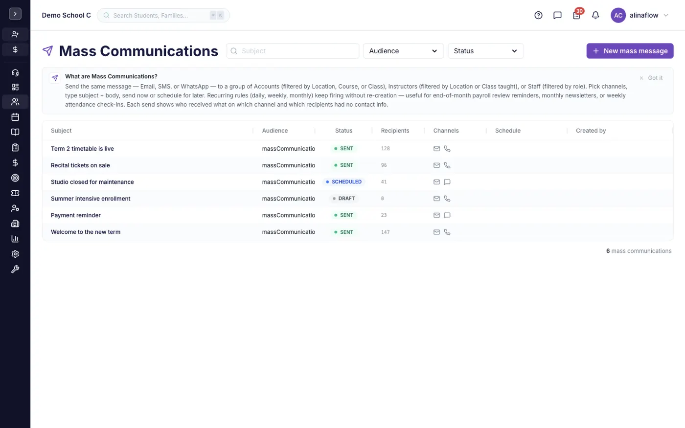 The Mass Communications screen in alinaflow