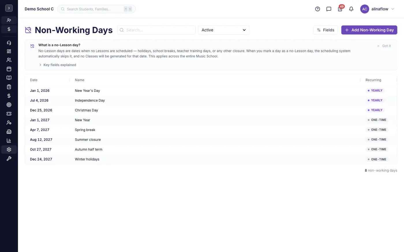 The Days Off screen in alinaflow