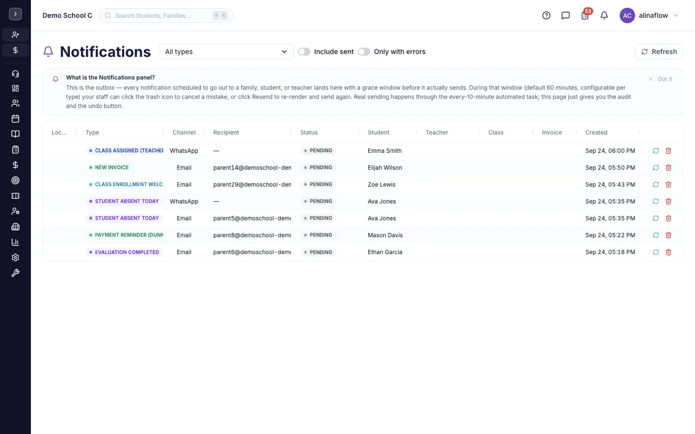 The Notifications screen in alinaflow